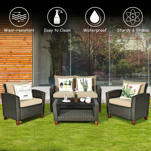 4pc Wicker Rattan Patio Furniture Set with Cushions - Brown