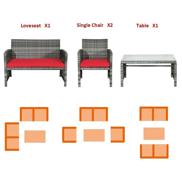 4pc Patio Rattan Furniture Set - Red