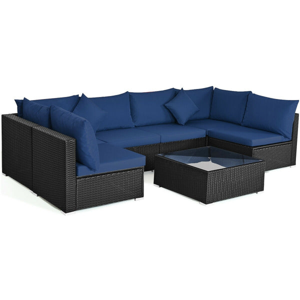 7pc Wicker Rattan Sectional Sofa Set with Cushions - Navy