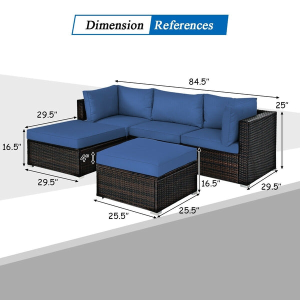 5pc Wicker Rattan Patio Sofa Set with Cushion and Ottoman - Navy
