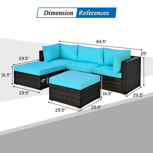 5pc Wicker Rattan Patio Sofa Set with Cushion and Ottoman - Turquoise