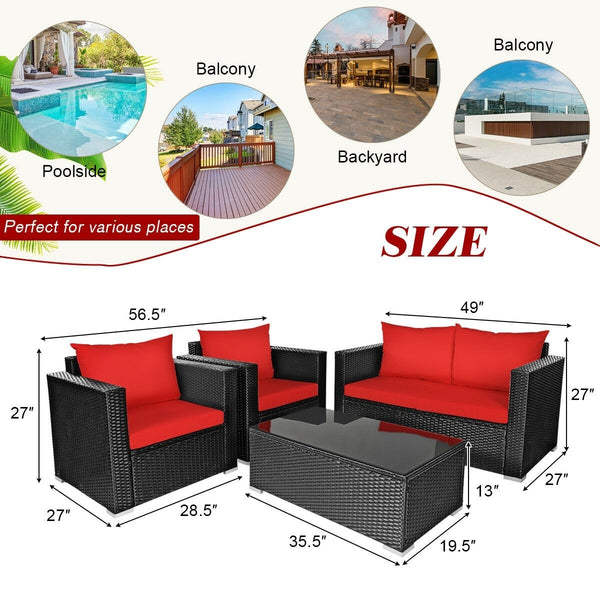 4pc Outdoor Wicker Rattan Cushioned Furniture Set - Red