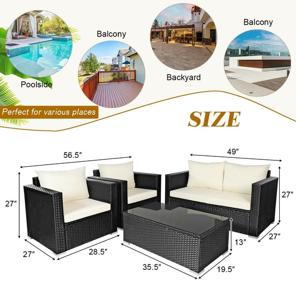 4pc Outdoor Wicker Rattan Cushioned Furniture Set - White
