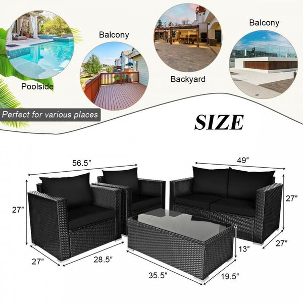 4pc Outdoor Wicker Rattan Cushioned Furniture Set - Black