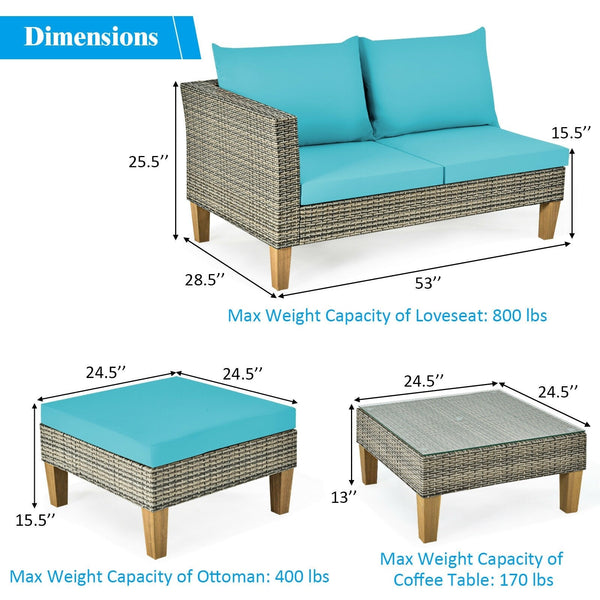 4pc Wicker Rattan Patio Furniture Set Cushioned Loveseat - Turquoise