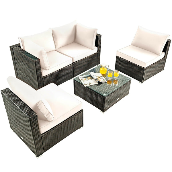 5pc Wicker Rattan Cushioned Patio Furniture Set - White