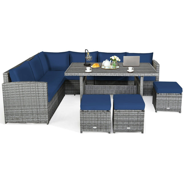 7pc Wicker Rattan Sectional Dining Set with Ottomans - Navy