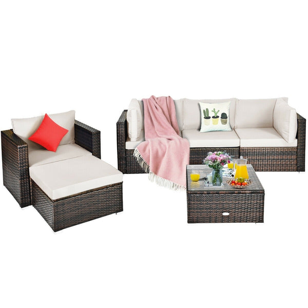 6pc Wicker Rattan Patio Sectional Cushion Furniture Set - White