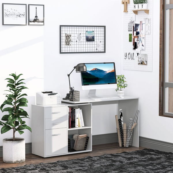 L-Shaped Computer Desk with Storage Shelf - White