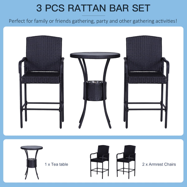 3pc Outdoor Rattan Bar Set - Brown