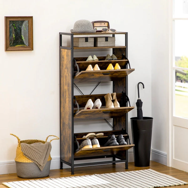 Industrial 12 Pair Shoe Storage Cabinet  - Rustic Brown