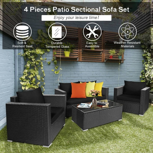 4pc Outdoor Wicker Rattan Cushioned Furniture Set - Black