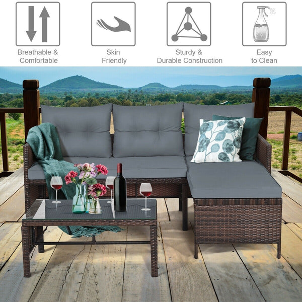 3pc Wicker Rattan Outdoor Patio Sofa Set - Gray
