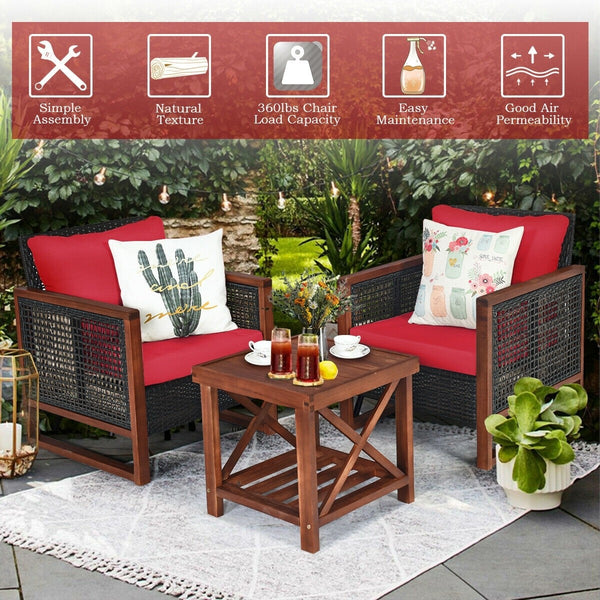 3pc Wicker Rattan Patio Furniture Set with Wooden Frame - Red