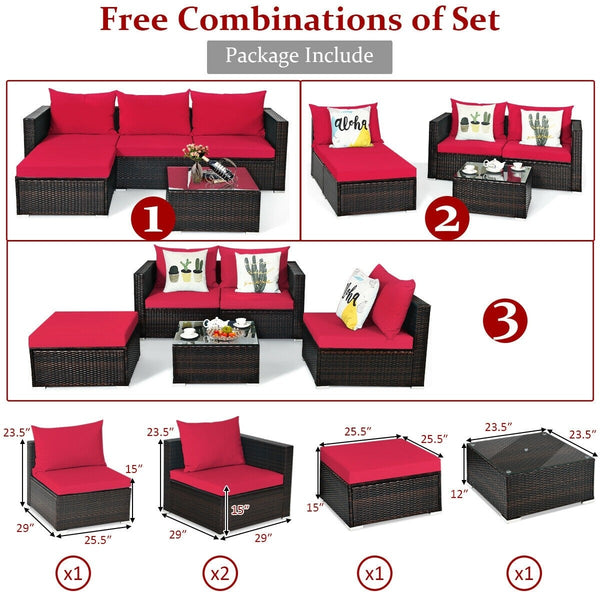 5pc Wicker Rattan Sectional Patio Set with Cushions and Coffee Table - Red