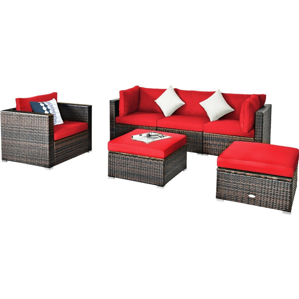 6pc Wicker Rattan Patio Sectional Cushion Furniture Set - Red