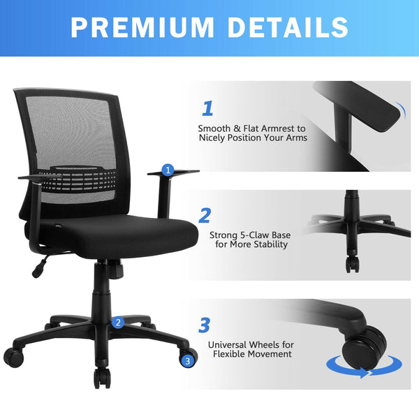 Adjustable Mid Back Mesh Office Chair with Lumbar Support - Black