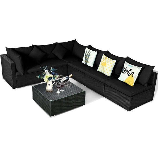 7pc Wicker Rattan Sectional Sofa Set with Cushions - Black