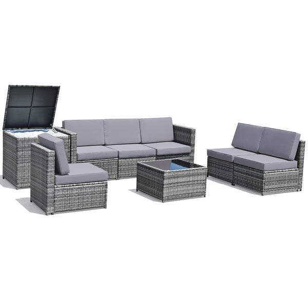 8pc Wicker Rattan Dining Set Patio Furniture with Storage Table - Gray