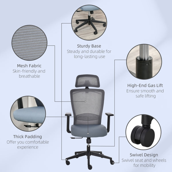 Height Adjustable High Back Executive Mesh Home Office Chair - Blue Grey