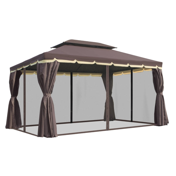 10x13 ft Double Top Canopy Gazebo with Mesh Netting - Coffee