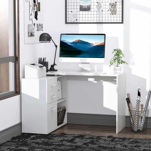 L-Shaped Computer Desk with Storage Shelf - White