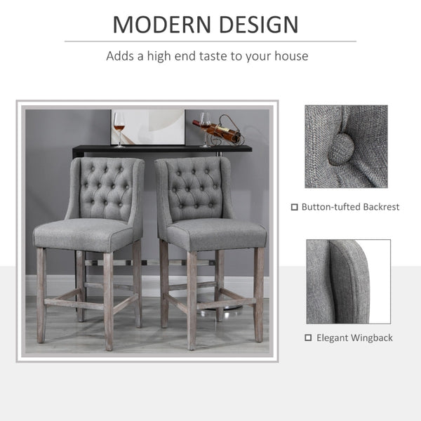 Traditional Button Tufted Bar Stool Counter Height Dining Chairs - Set of 2 - Grey