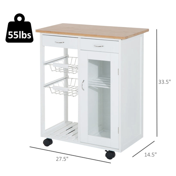 34" Rolling Kitchen Trolley with Drawer and Cabinet - White