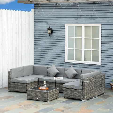 7pc Wicker Patio Furniture Sectional Sofa Set with Cushions - Grey