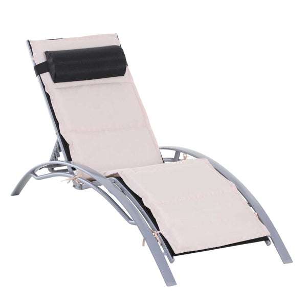 Reclining Outdoor Patio Chaise Lounge Chair with Cushion and Pillow - White