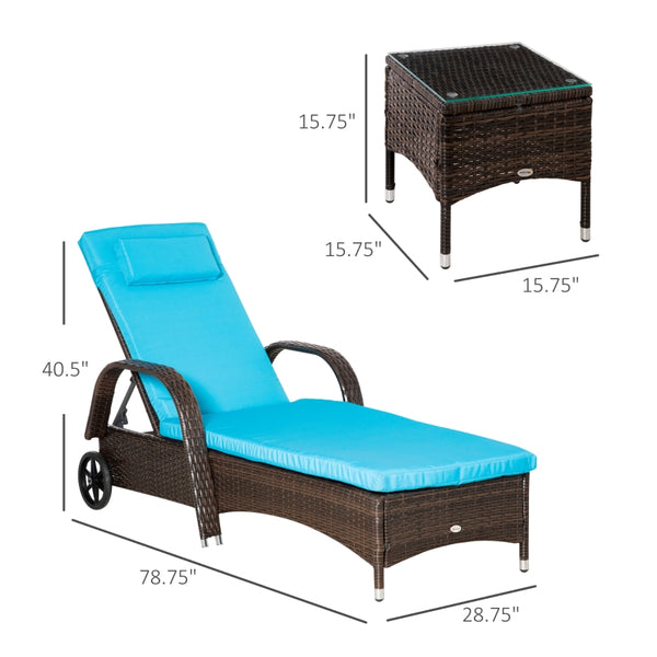 3pc Wheeled Patio Rattan Chaise Lounge Set - Brown and Blue