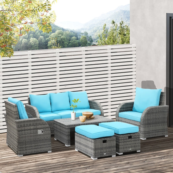 6pc Outdoor Recliner Wicker Patio Sofa Set - Sky Blue
