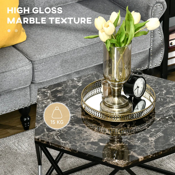 Coffee Table with Gloss Marble Tabletop - Black