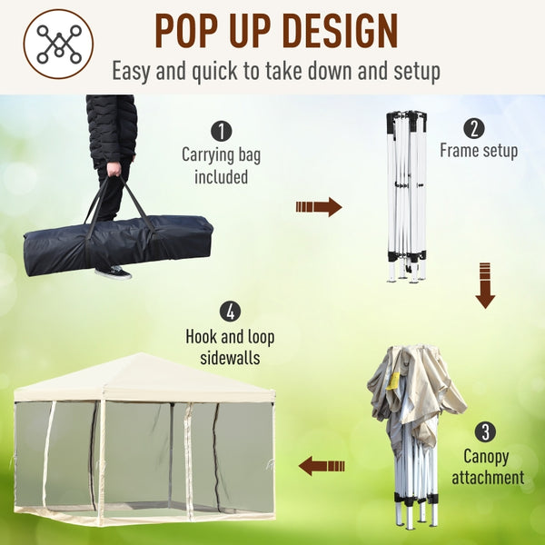 10' x 10' Pop Up Canopy Tent with Removable Mesh Sidewall Netting - Beige