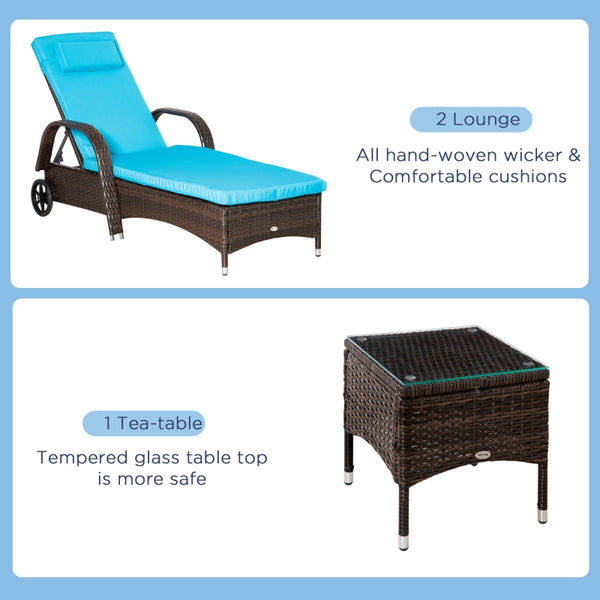 3pc Wheeled Patio Rattan Chaise Lounge Set - Brown and Blue