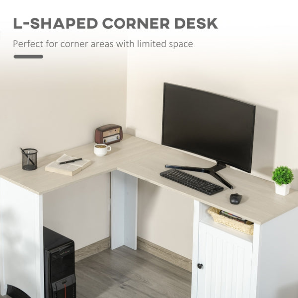 L-Shaped Computer Desk with Open Shelf and Storage Cabinet - Natural Wood and White