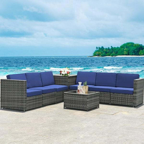8pc Wicker Rattan Dining Set Patio Furniture with Storage Table - Navy