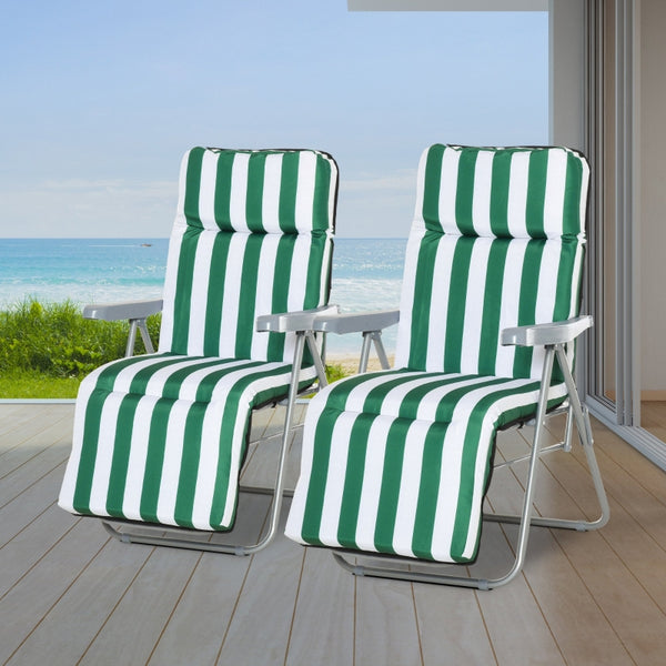 Set of 2 Garden Patio Poolside Adjustable Lounger WIth Cushions - Green Stripes
