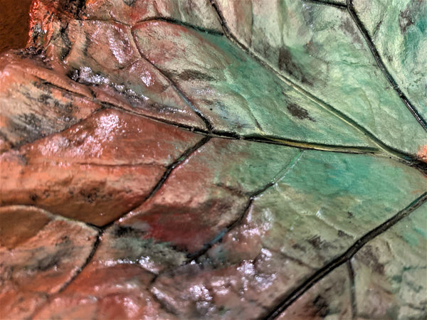Decorative Handmade Concrete Leaf Casting - Metallic turquoise and Bronze with Silver touch