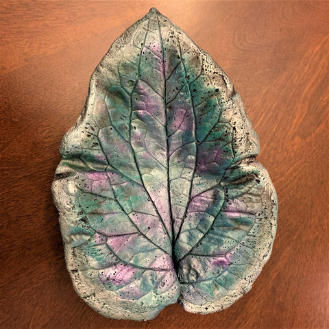 Decorative Handmade Concrete Leaf Casting - Metallic Turquoise, Purple with Silver touch