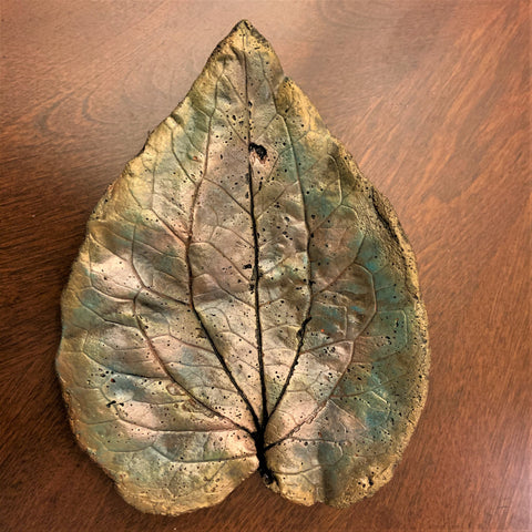 Decorative Handmade Concrete Leaf Casting - Metallic Turquoise, Silver with Gold touch