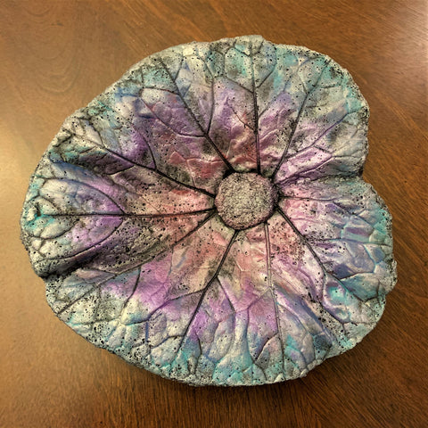 Decorative Handmade Concrete Leaf Casting - Metallic Purple and Blue w/ Silver Touch