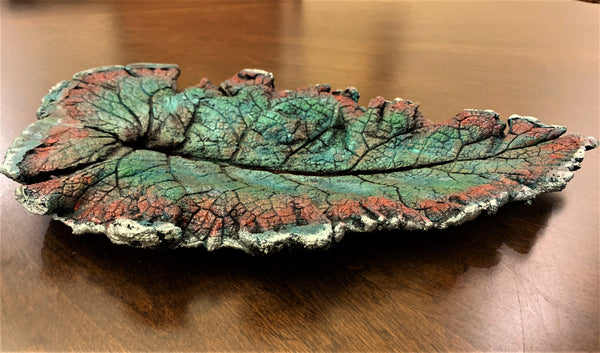 Decorative Handmade Concrete Leaf Casting - Metallic Green, Orange and Turquoise
