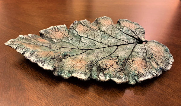 Decorative Handmade Concrete Leaf Casting - Metallic Turquoise, Silver with Gold Touch