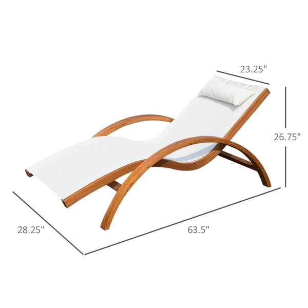 Wood Sling Patio Deck Mesh Lounge Chair with Headrest - Cream White