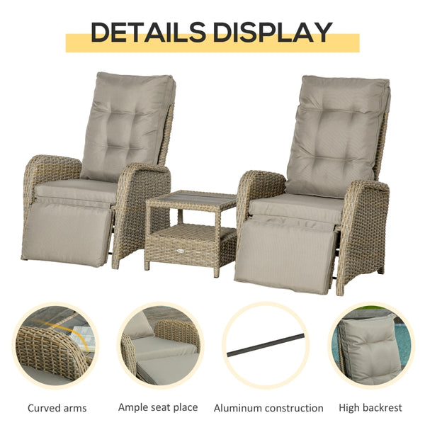 3pc PE Rattan Coffee Table & Adjustable Recliner Chairs Furniture Set - Khaki