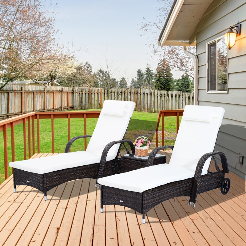 3pc Wheeled Patio Rattan Chaise Lounge Set - Brown and White