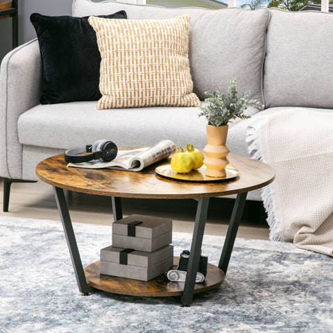 Round Coffee Table with Storage Shelf - Rustic Brown