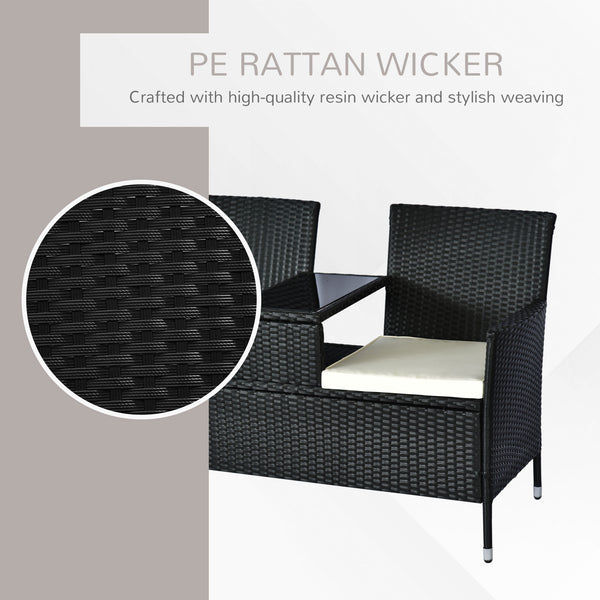 2 Seat Wicker Rattan Patio Bench with Tea Table - Black and Cream
