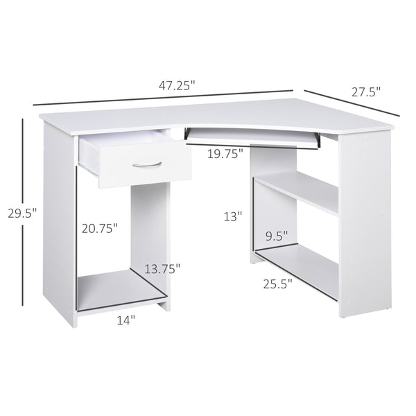 L-Shaped Computer Desk with 2 Shelves - White
